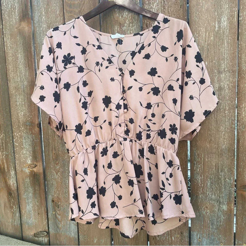 Womens Blush Floral Peplum Top - Blush with Black Floral
